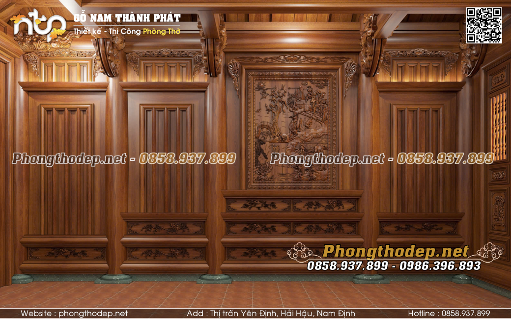 Bố trí vách hậu trái nội thất nhà gỗ 3 gian 4 mái